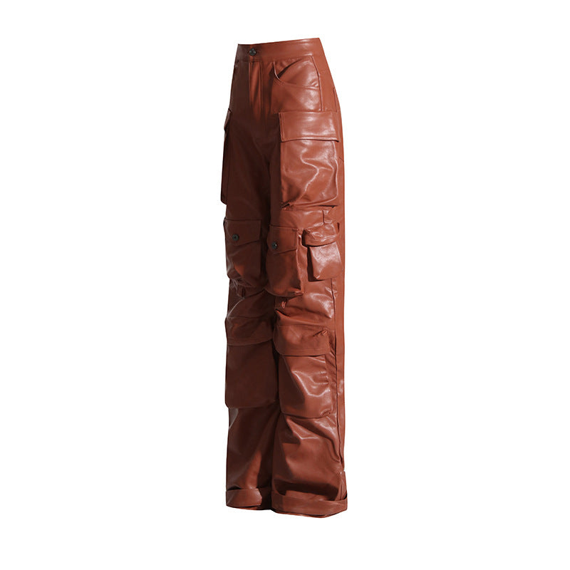 Multi-pocket overalls leather pants personality loose overalls - MERGE.DAY.1.FREESTYLE
