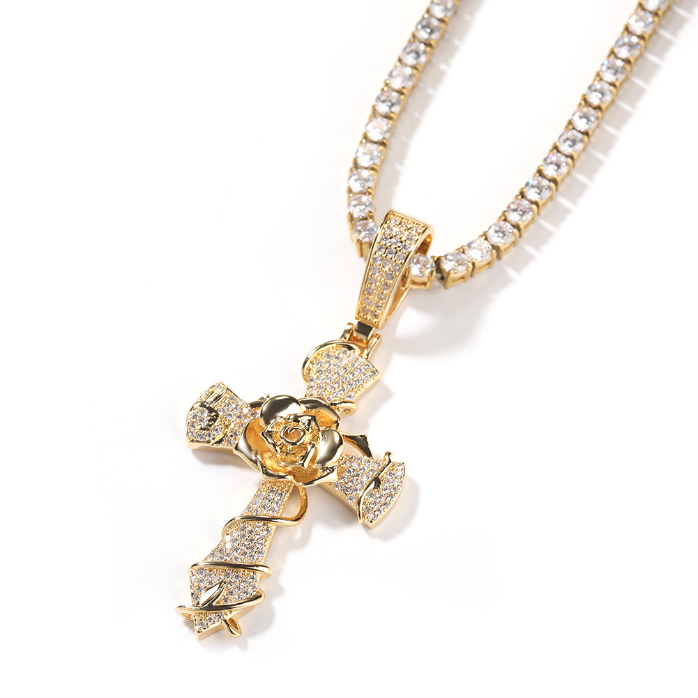 Copper set 5A zirconia rose cross pendant necklace - MERGE.DAY.1.FREESTYLE