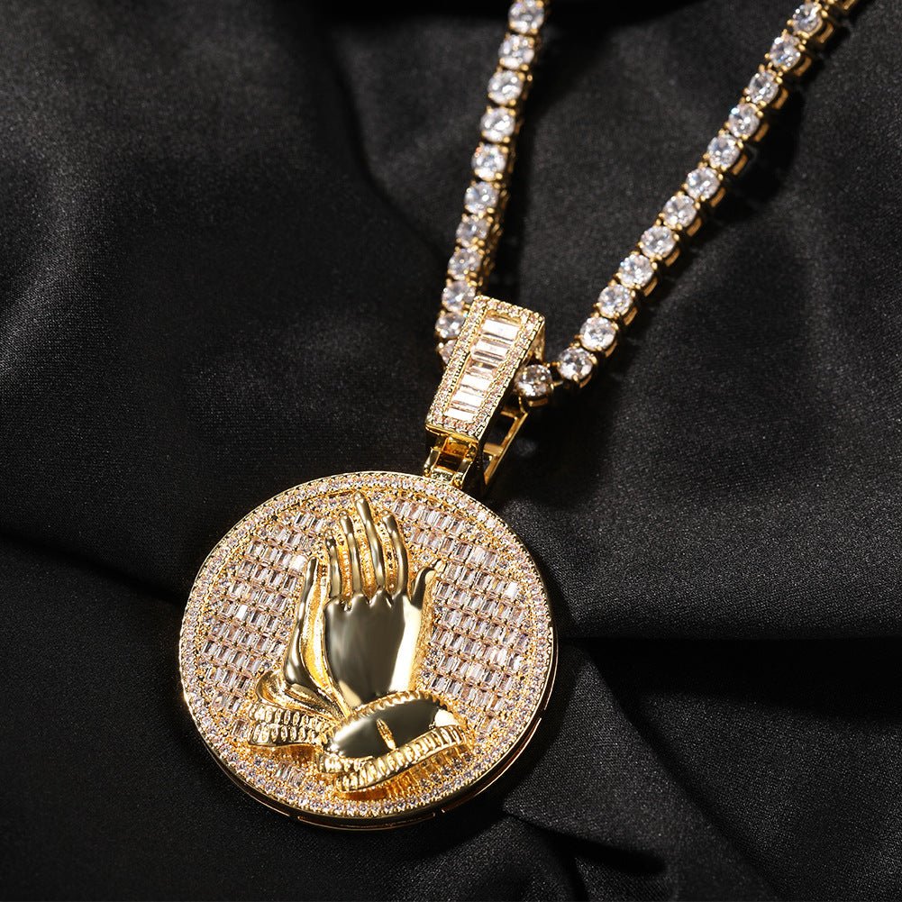 Hip-hop round disc zircon-encrusted praying hands pendant - MERGE.DAY.1.FREESTYLE