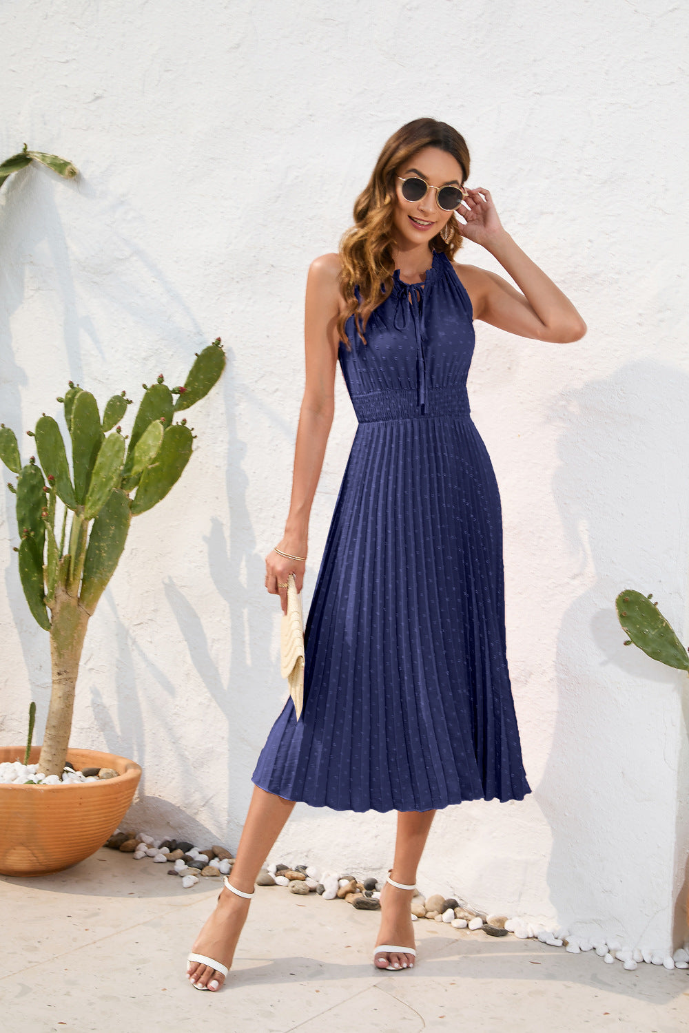Tie High Waist Pleated Pom Dress Sleeveless Summer Dress - MERGE.DAY.1.FREESTYLE