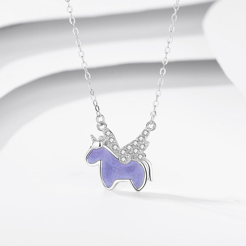 Cartoon Unicorn Necklace Women's Sterling Silver Clavicle Chain Cold Enamel Pendant - MERGE.DAY.1.FREESTYLE