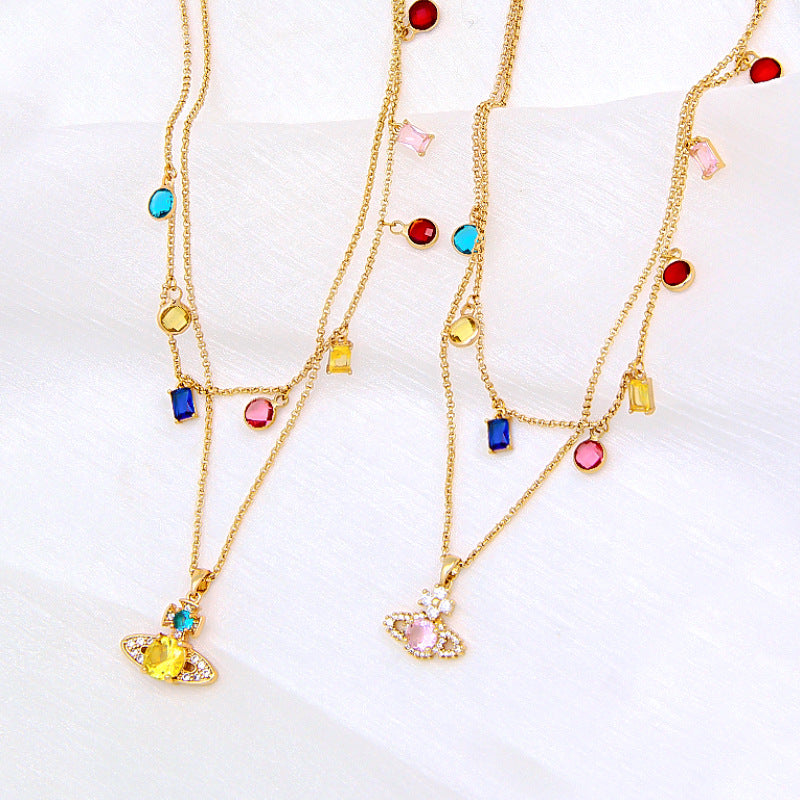 Saturn Pendant Necklace Double Gemstone Inlaid Necklace - MERGE.DAY.1.FREESTYLE