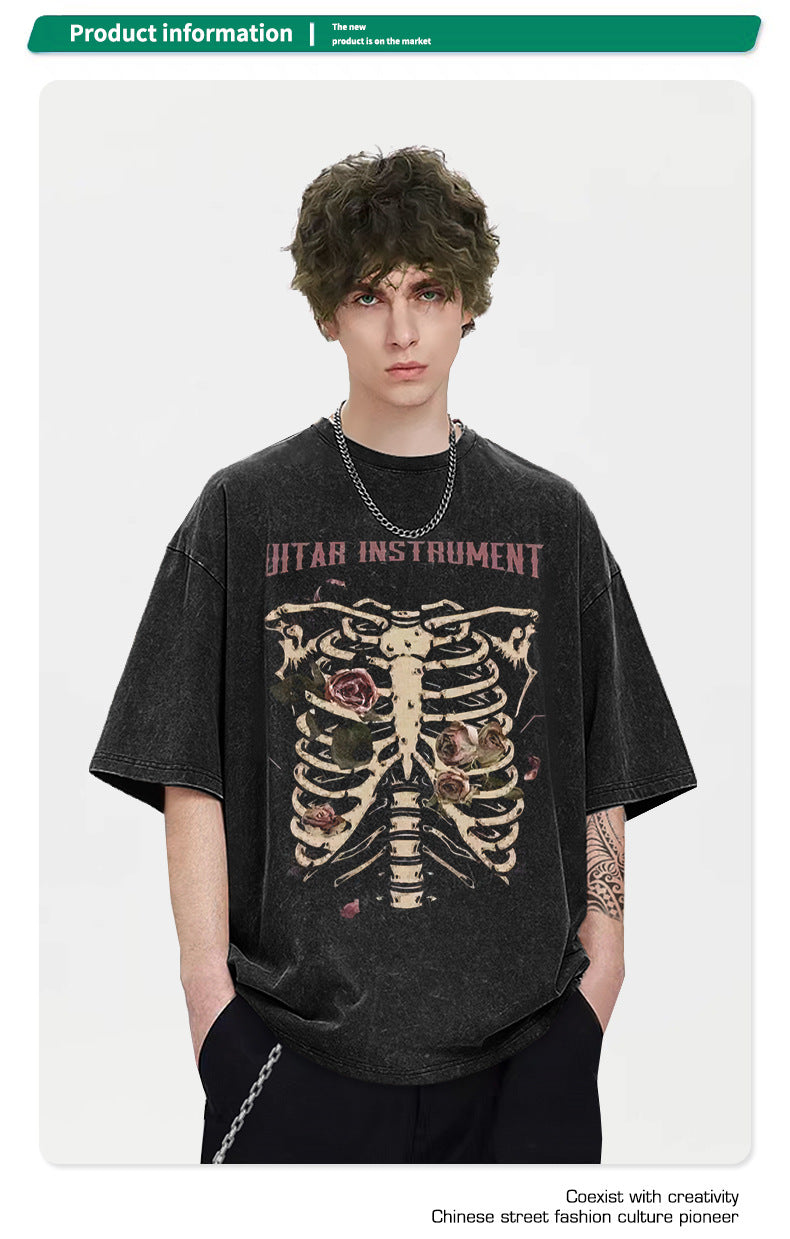 Rose skull print hip-hop T-shirt - MERGE.DAY.1.FREESTYLE