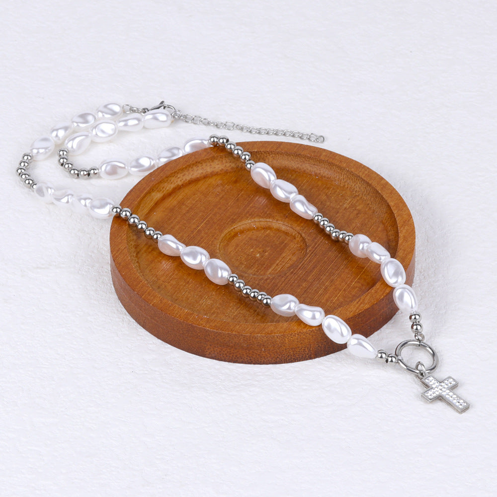round pearl titanium steel cross necklace - MERGE.DAY.1.FREESTYLE