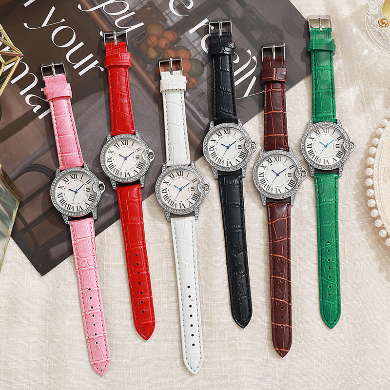 Fashion Diamond-Encrusted Women's Quartz Watch with Leather Strap - MERGE.DAY.1.FREESTYLE