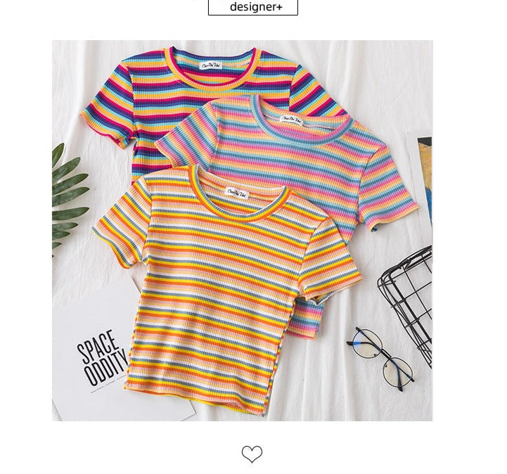Women's short navel-baring rainbow striped tight T-shirt - MERGE.DAY.1.FREESTYLE
