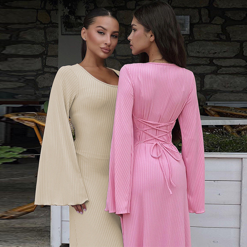 Autumn Fashion Loose U-neck Back Tie Long Sleeve Dress - MERGE.DAY.1.FREESTYLE