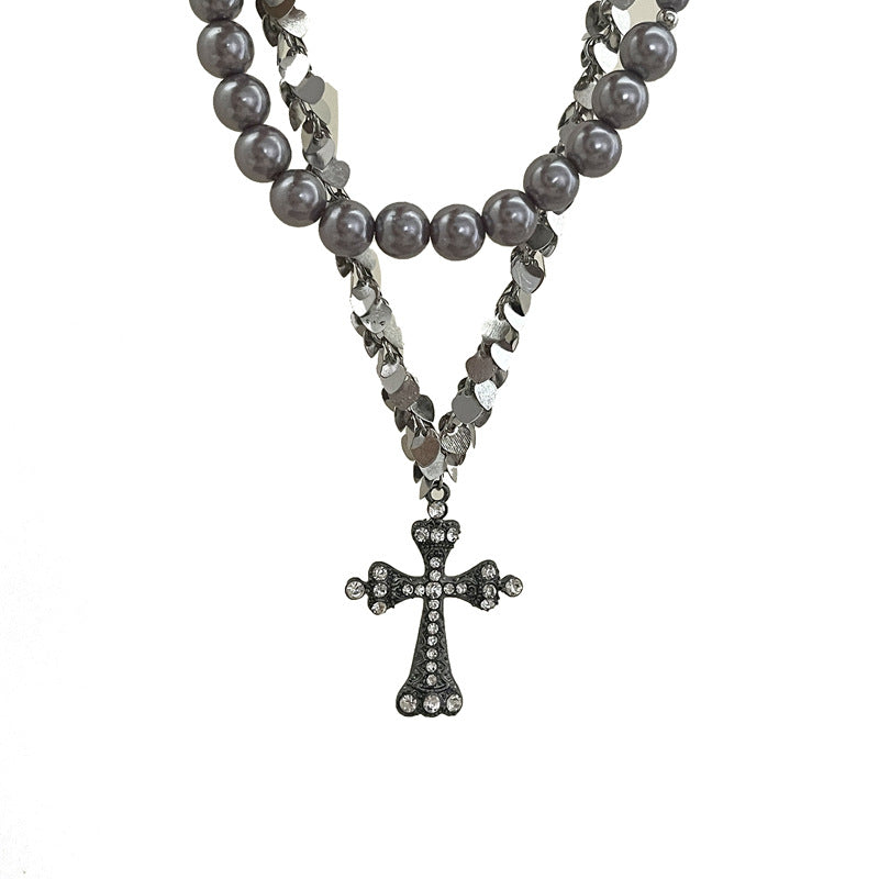 rosary necklace Gray pearl cross necklace - MERGE.DAY.1.FREESTYLE