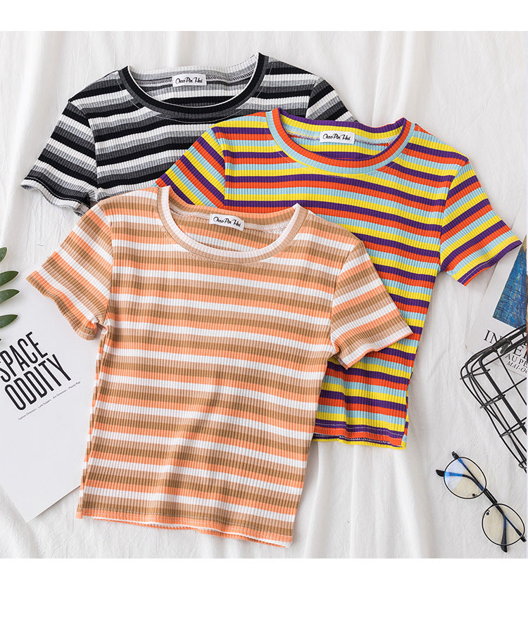 Women's short navel-baring rainbow striped tight T-shirt - MERGE.DAY.1.FREESTYLE