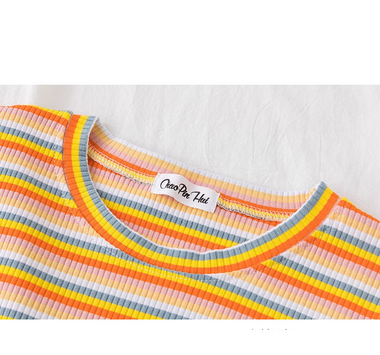 Women's short navel-baring rainbow striped tight T-shirt - MERGE.DAY.1.FREESTYLE
