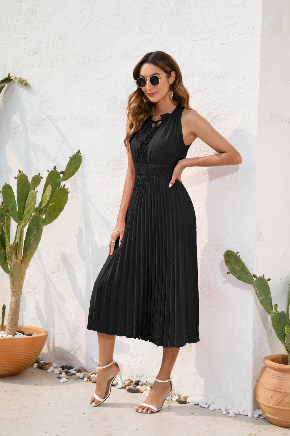 Tie High Waist Pleated Pom Dress Sleeveless Summer Dress - MERGE.DAY.1.FREESTYLE