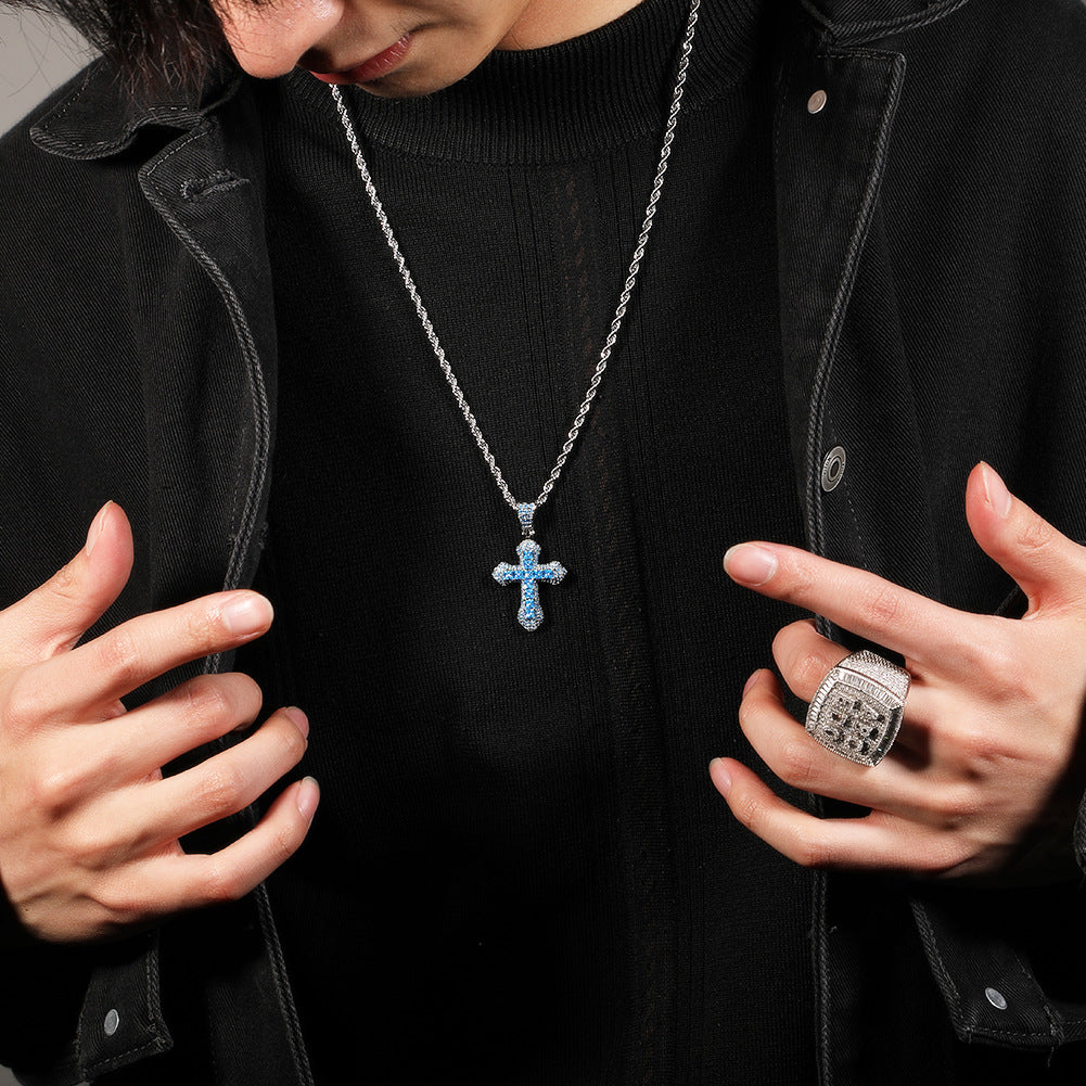 Blue Zircon Cross Hip-hop Necklace - MERGE.DAY.1.FREESTYLE