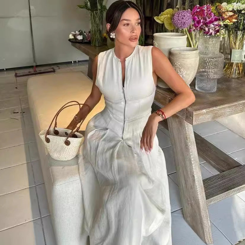 Sleeveless V-neck zipper neck long dress - MERGE.DAY.1.FREESTYLE
