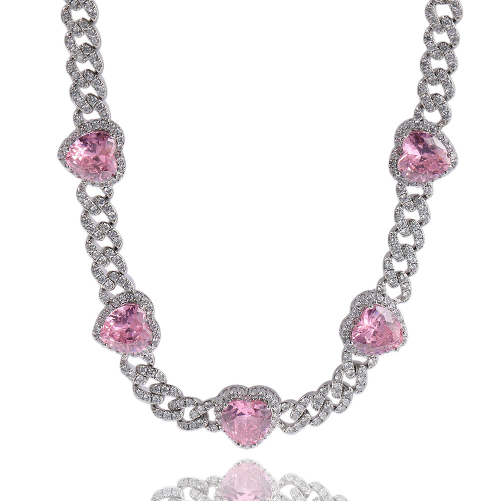Heart Diamond Necklace Hip Hop 9MM Pink Zircon Cuban Chain - MERGE.DAY.1.FREESTYLE