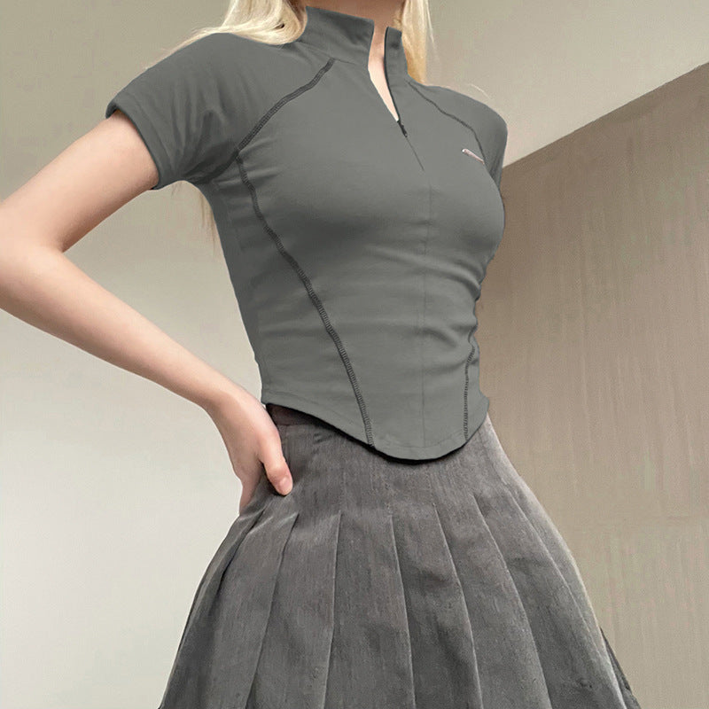 Invisible Zipper Stand Collar Short Sleeve Top Slim Fit Bottom T-Shirt - MERGE.DAY.1.FREESTYLE