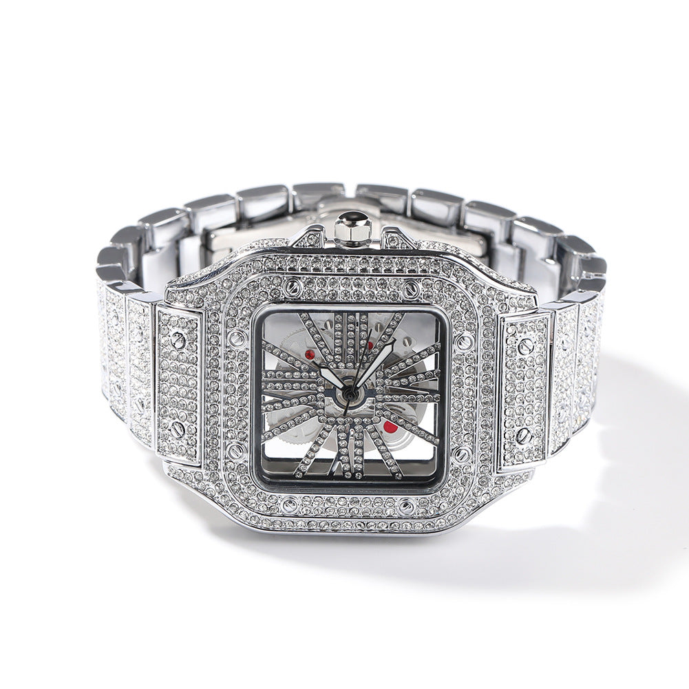 Hip-hop diamond-encrusted hollowed-out square watch - MERGE.DAY.1.FREESTYLE