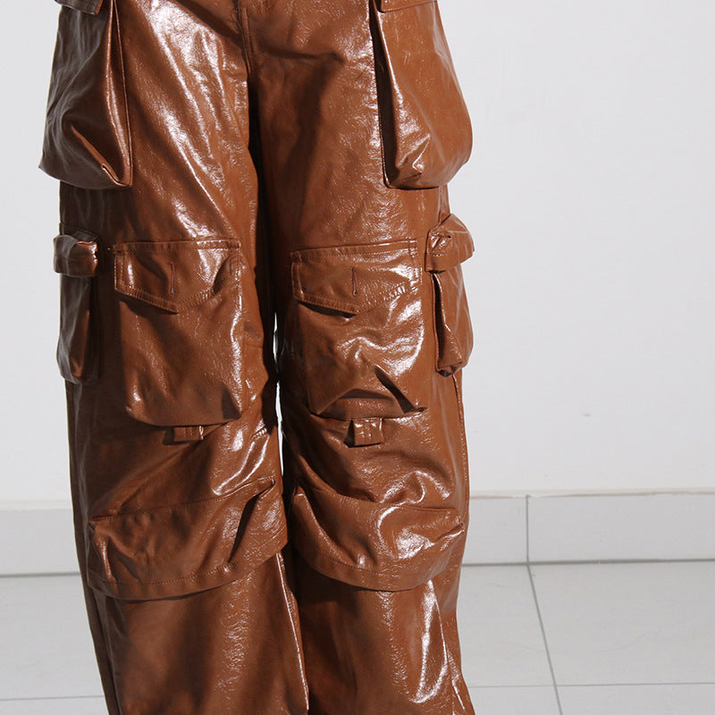 Multi-pocket overalls leather pants personality loose overalls - MERGE.DAY.1.FREESTYLE