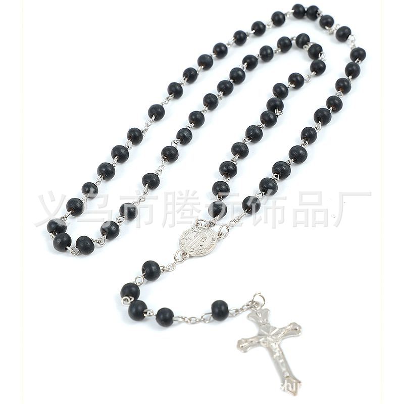 rosary necklace black wooden beads necklace - MERGE.DAY.1.FREESTYLE