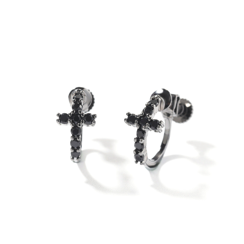 Hip Hop Zircon Black Spiral Clasp Cross Earrings - MERGE.DAY.1.FREESTYLE