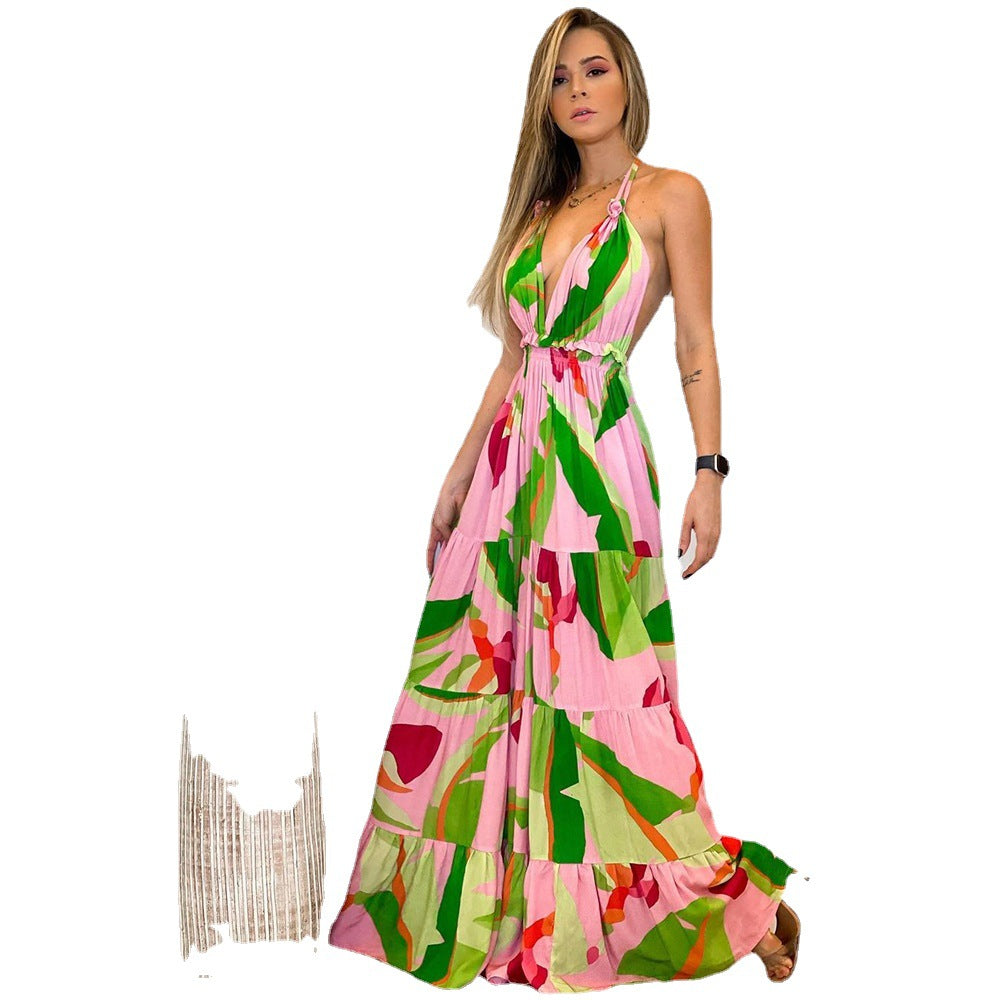 Spring and summer deep V backless dress Bohemian floral suspender dress - MERGE.DAY.1.FREESTYLE