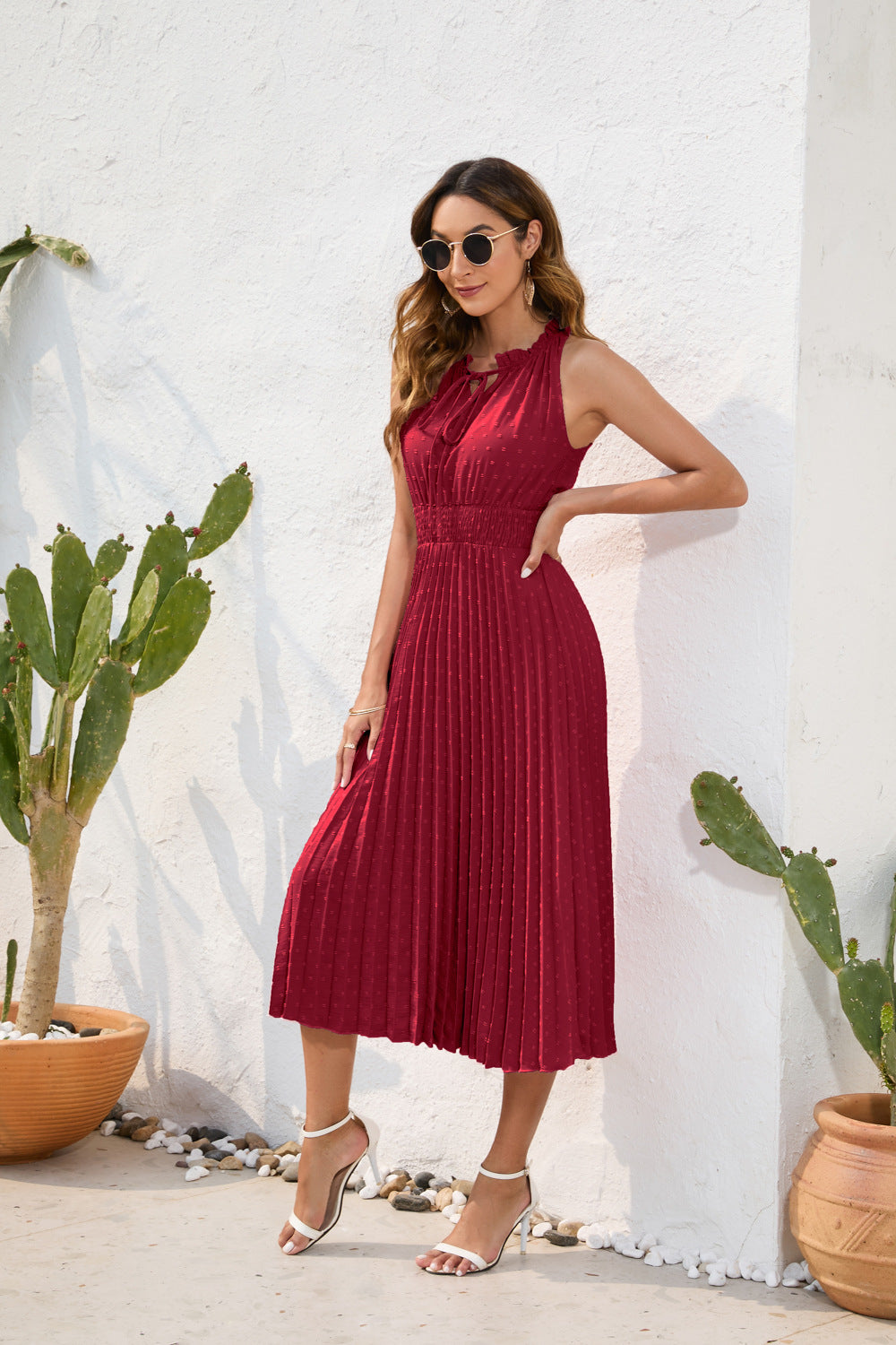 Tie High Waist Pleated Pom Dress Sleeveless Summer Dress - MERGE.DAY.1.FREESTYLE