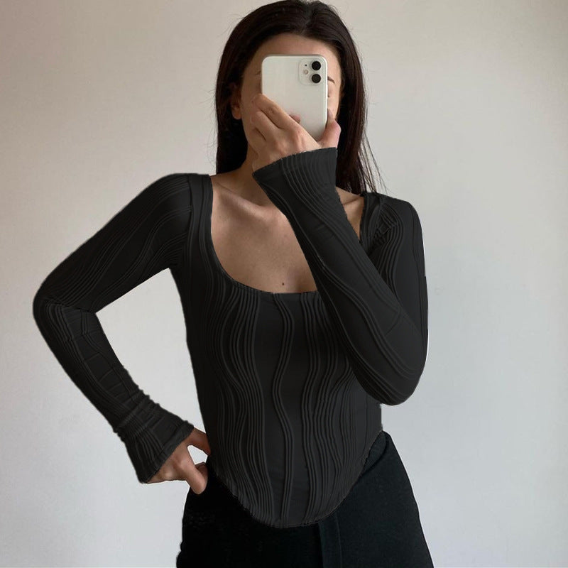 Autumn & Winter long-sleeved U-neck water ripple slim fit top T-shirt - MERGE.DAY.1.FREESTYLE