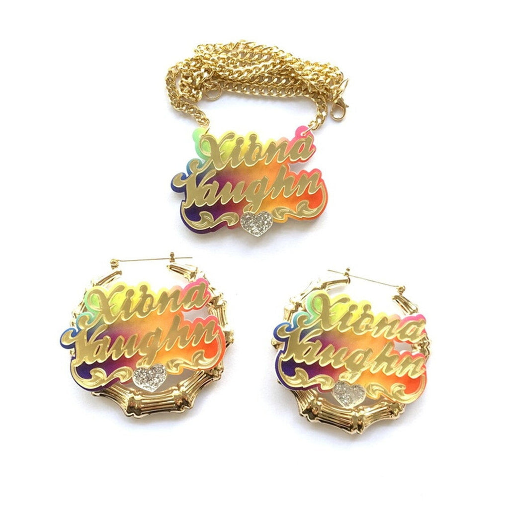 Acrylic Rainbow Gradient Name Necklace Bamboo Earring Set - MERGE.DAY.1.FREESTYLE