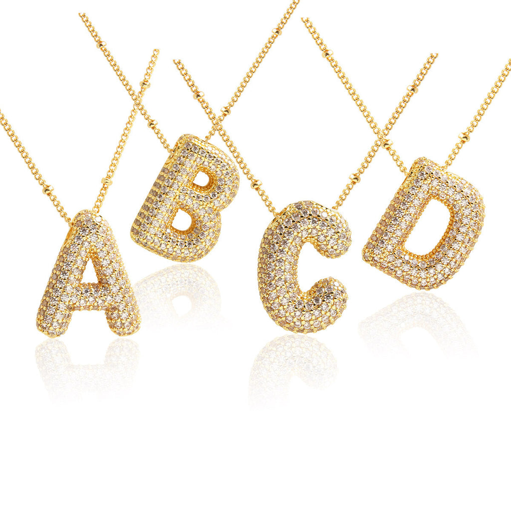 Bubble Initial Necklace 14k Gold Plated Cubic Zirconia - MERGE.DAY.1.FREESTYLE