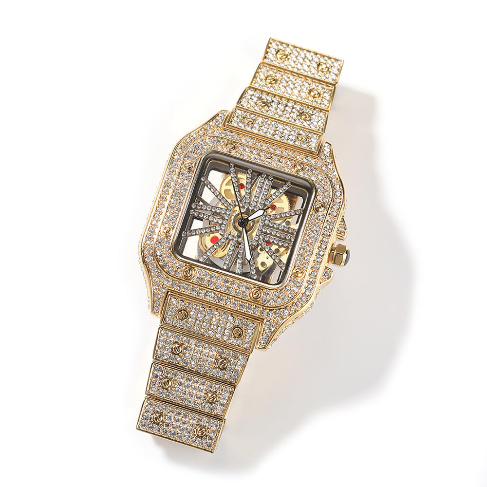 Hip-hop diamond-encrusted hollowed-out square watch - MERGE.DAY.1.FREESTYLE