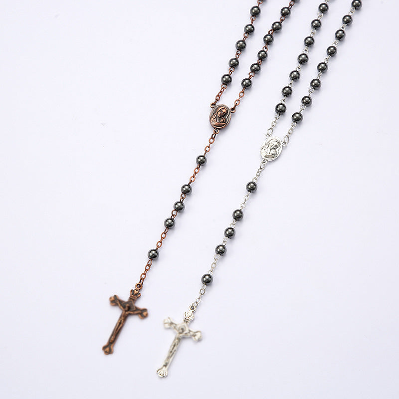 Black gallstone round bead rosary necklace - MERGE.DAY.1.FREESTYLE