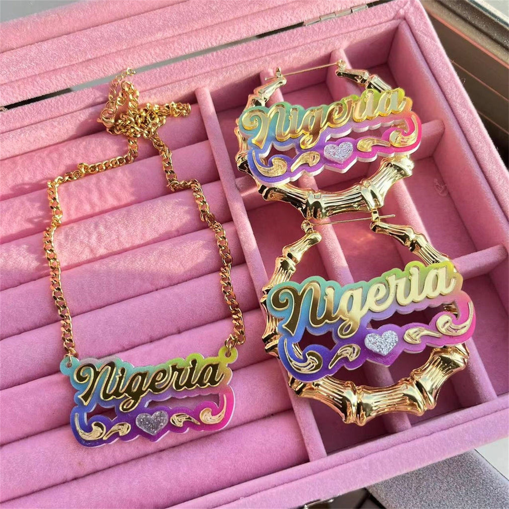 Acrylic Rainbow Gradient Name Necklace Bamboo Earring Set - MERGE.DAY.1.FREESTYLE