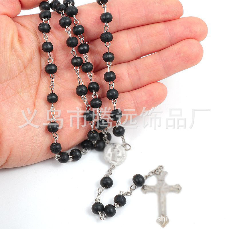 rosary necklace black wooden beads necklace - MERGE.DAY.1.FREESTYLE
