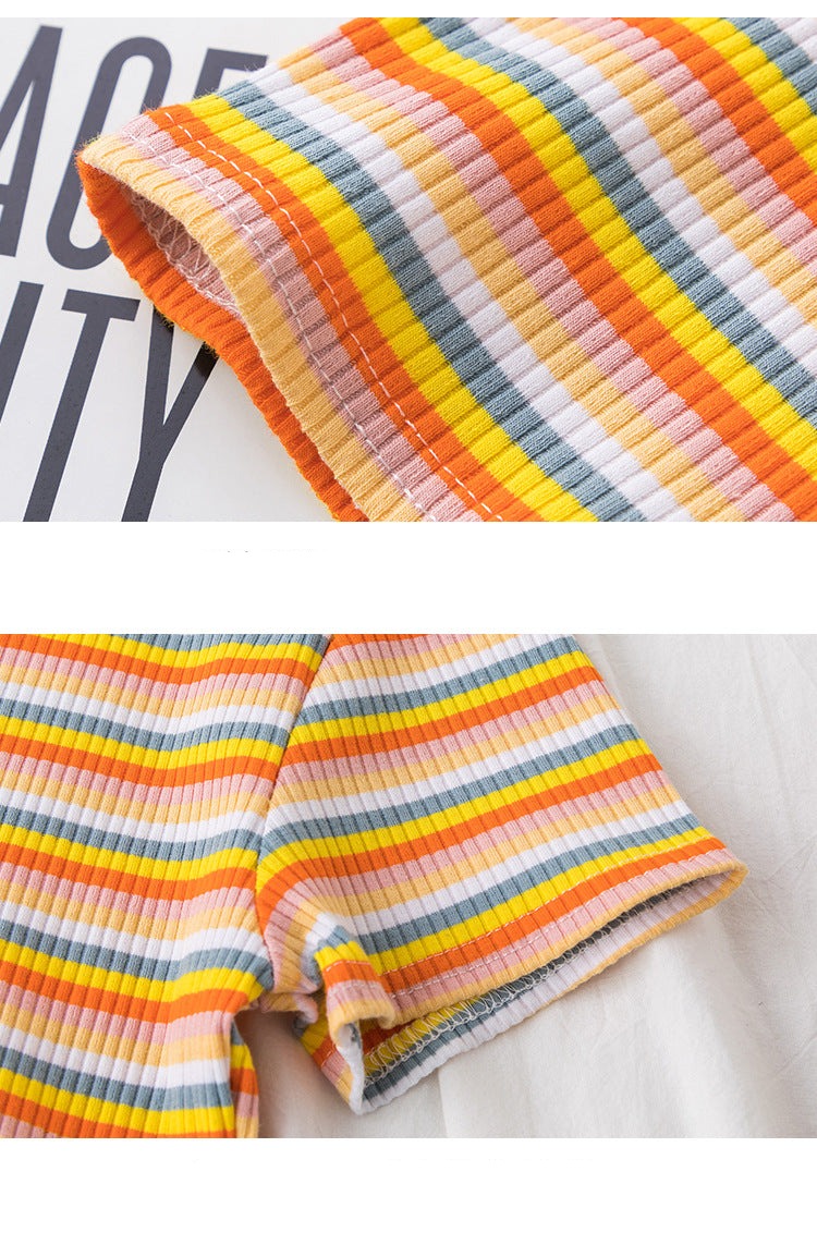 Women's short navel-baring rainbow striped tight T-shirt - MERGE.DAY.1.FREESTYLE