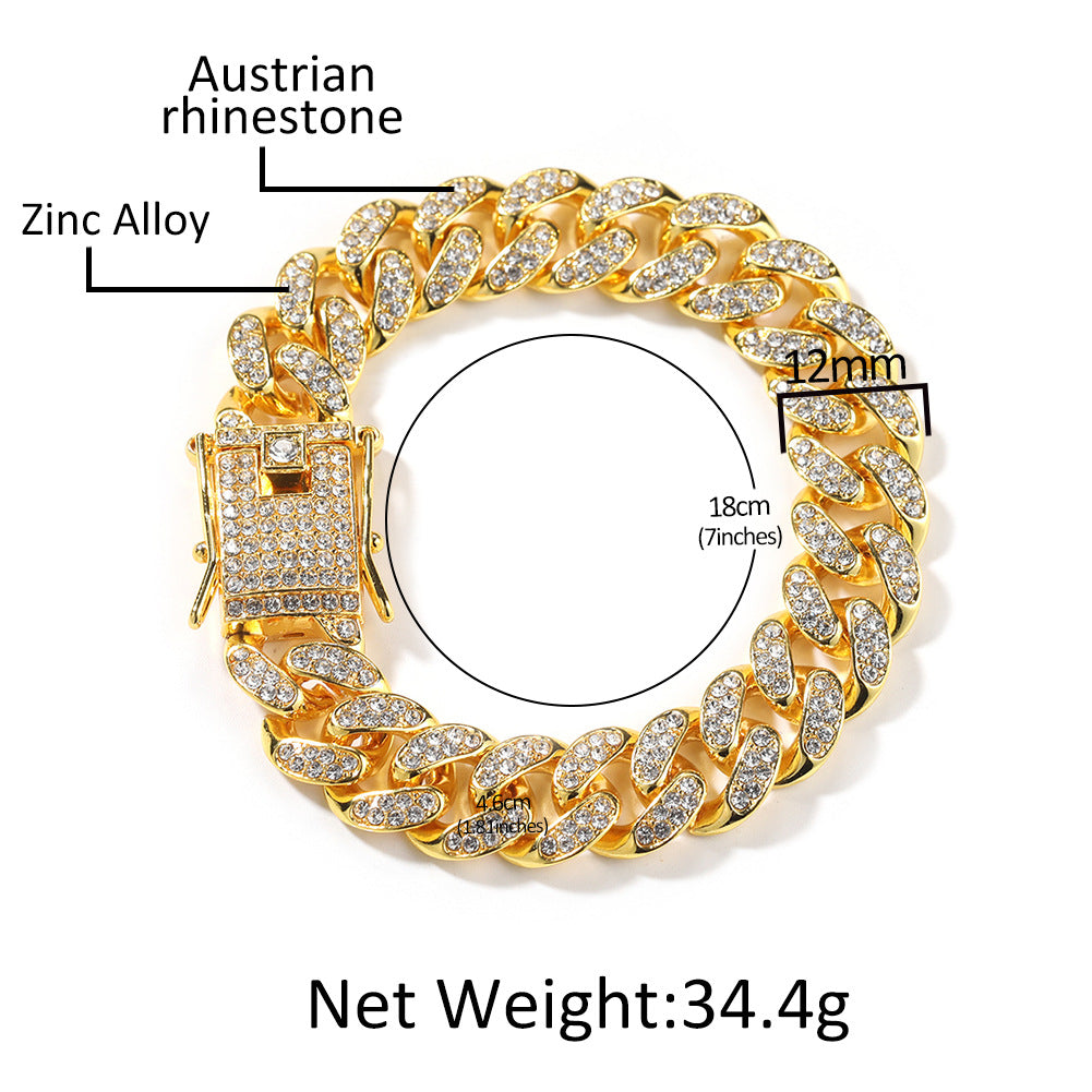Hip-Hop 12mm Diamond-Encrusted Cuban Chain Bracelet - MERGE.DAY.1.FREESTYLE