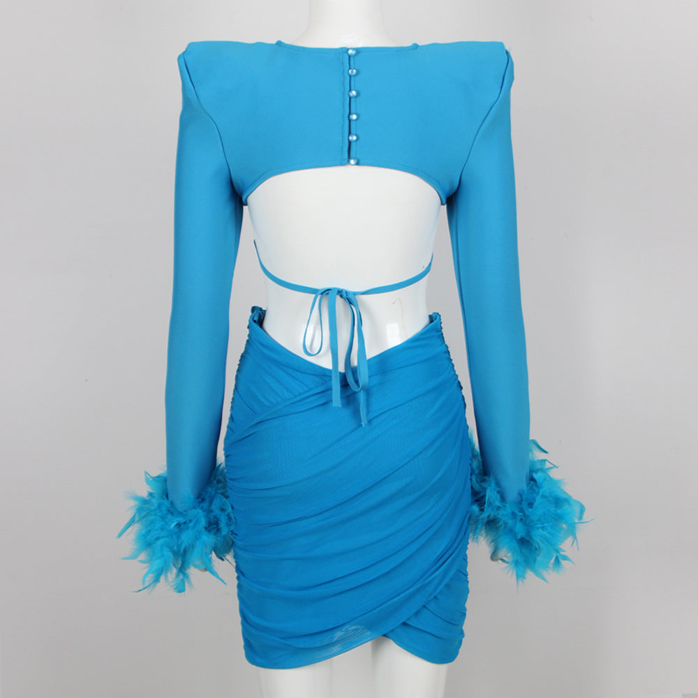 Commuting temperament feather long-sleeved dress French dress - MERGE.DAY.1.FREESTYLE