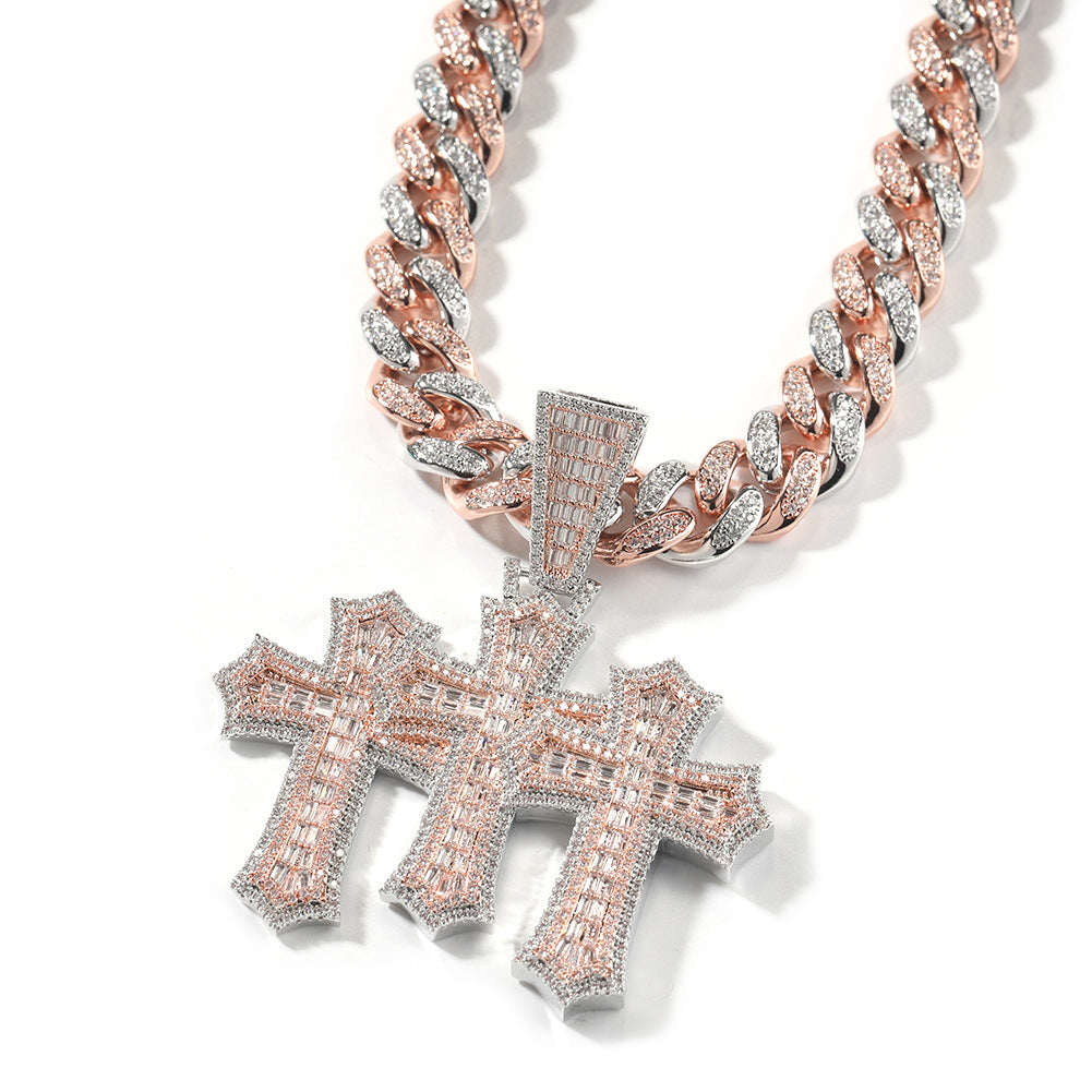 Hip-hop diamond-encrusted zircon three-cross Cuban necklace - MERGE.DAY.1.FREESTYLE