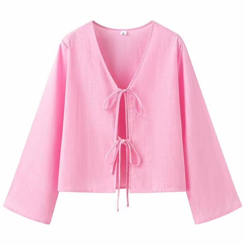 Cotton Linen Lace Up Bow Shirts Women Loose Hollow Out V Neck Long Sleeve Tops - MERGE.DAY.1.FREESTYLE