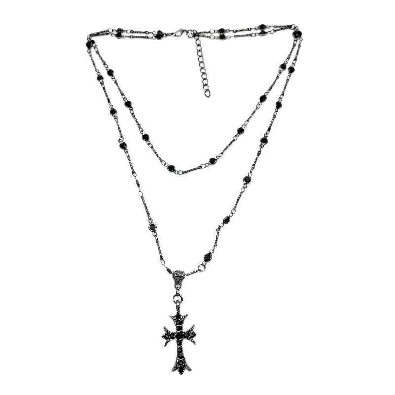 Dark zircon cross beaded necklace double layer neck chain - MERGE.DAY.1.FREESTYLE