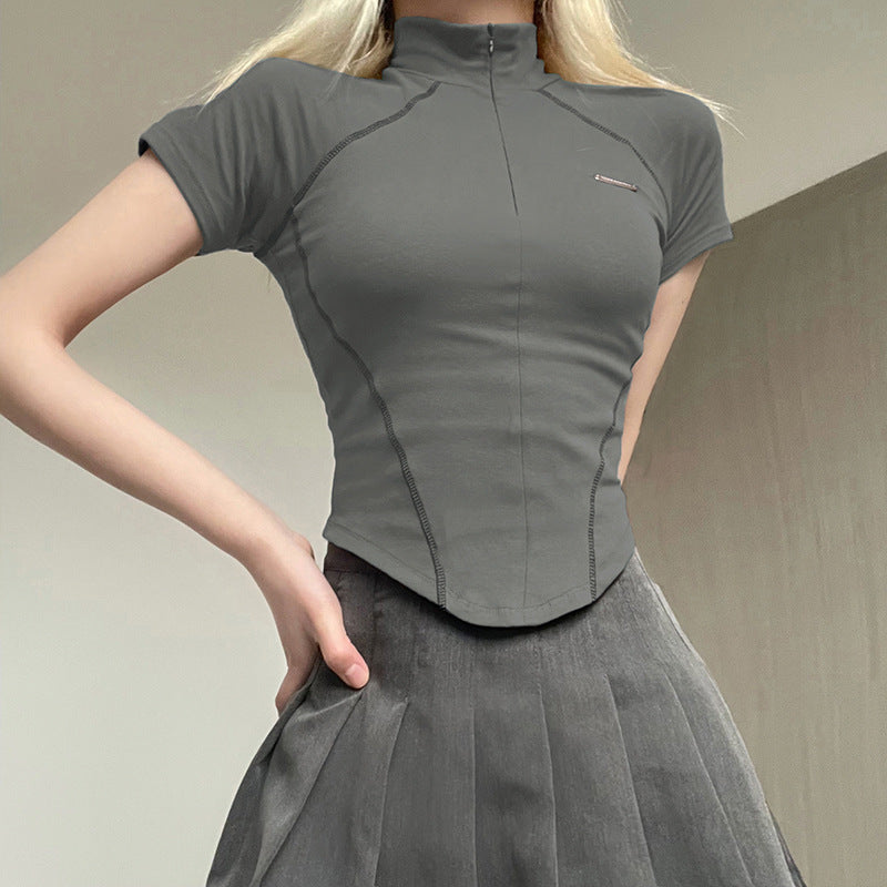 Invisible Zipper Stand Collar Short Sleeve Top Slim Fit Bottom T-Shirt - MERGE.DAY.1.FREESTYLE