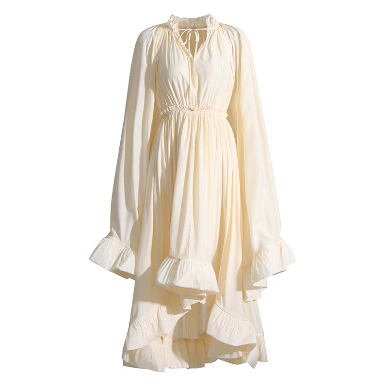 French Palace Style V-Neck Long Sleeve Shawl Pleated Ruffle Dress - MERGE.DAY.1.FREESTYLE