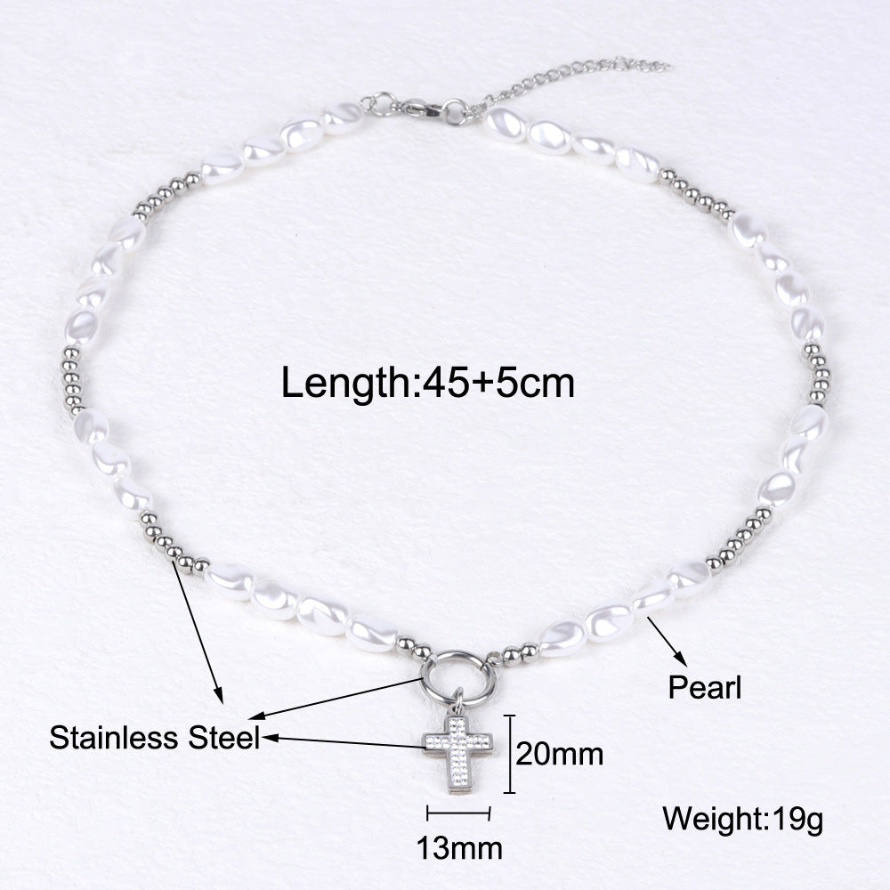 round pearl titanium steel cross necklace - MERGE.DAY.1.FREESTYLE