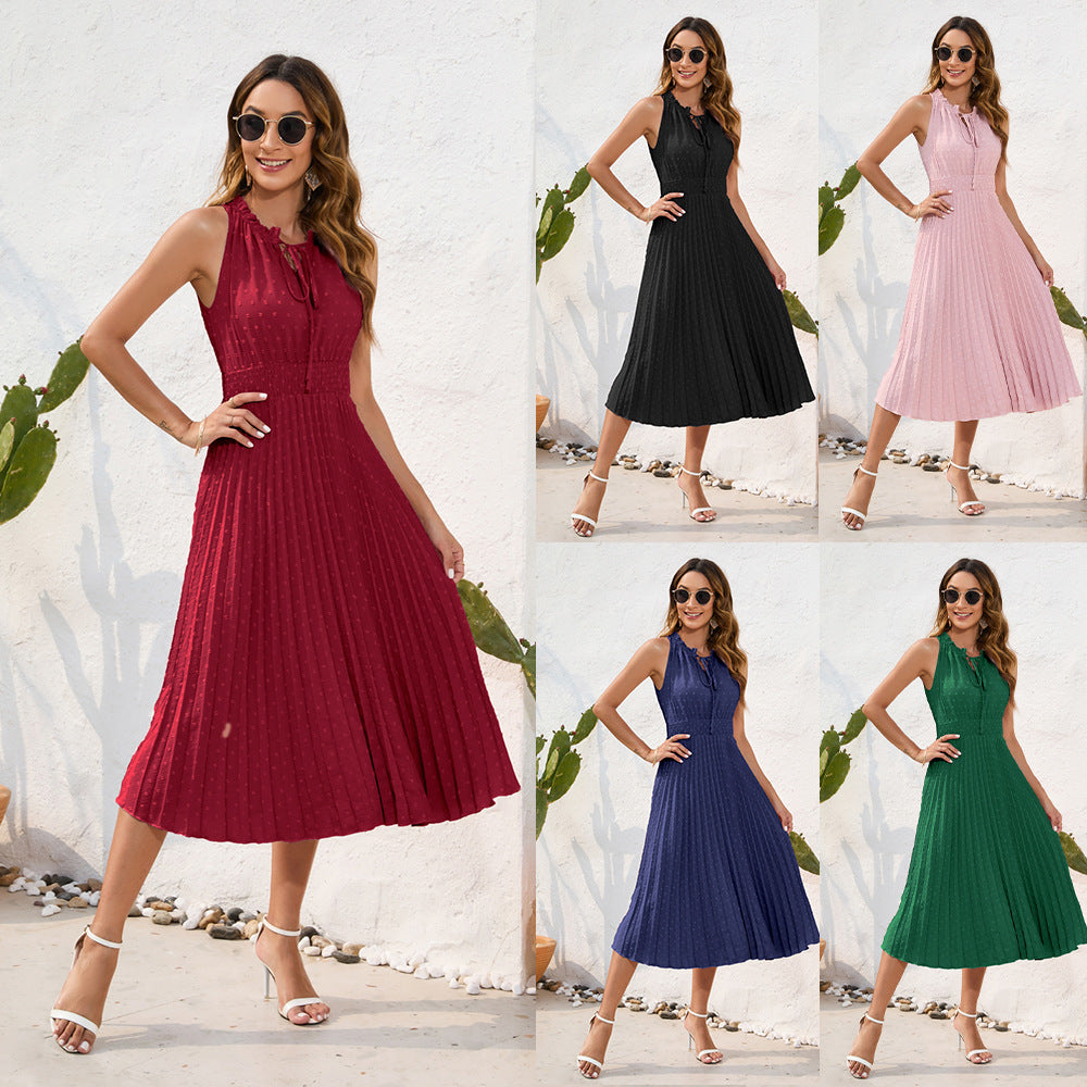Tie High Waist Pleated Pom Dress Sleeveless Summer Dress - MERGE.DAY.1.FREESTYLE