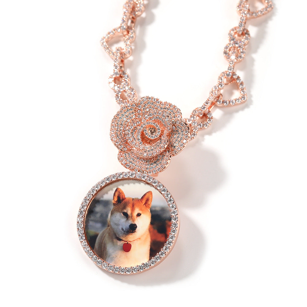 Copper Zircon Round DIY Photo Pendant Rose Button Diamond Necklace - MERGE.DAY.1.FREESTYLE