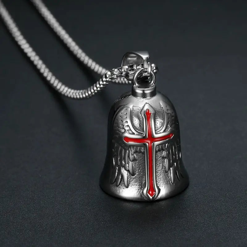 Red Cross Silver-Plated Wings Motorcycle Bell Pendant Necklace - MERGE.DAY.1.FREESTYLE