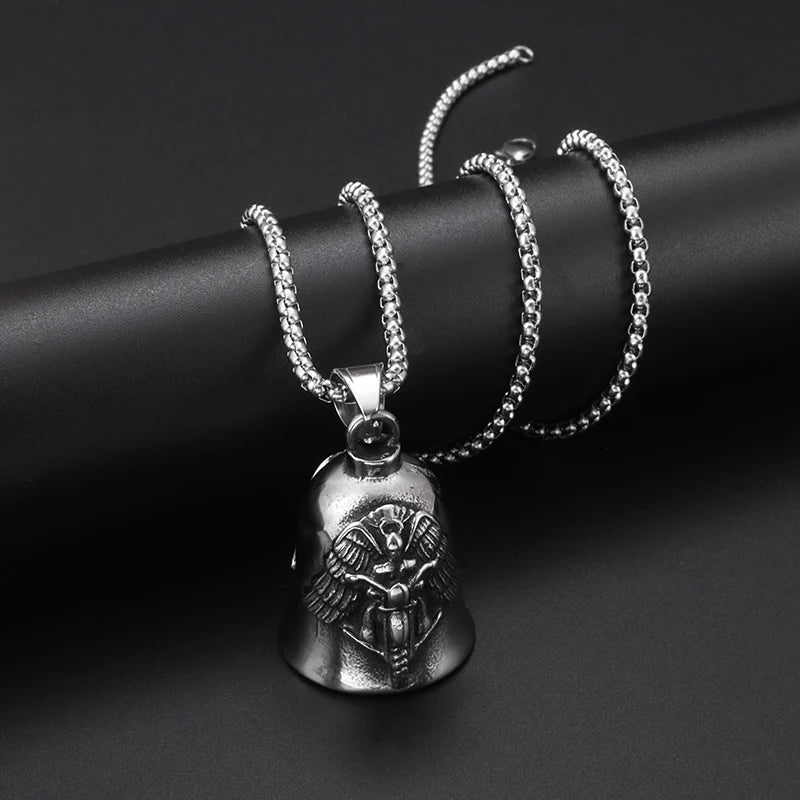 Red Cross Silver-Plated Wings Motorcycle Bell Pendant Necklace - MERGE.DAY.1.FREESTYLE