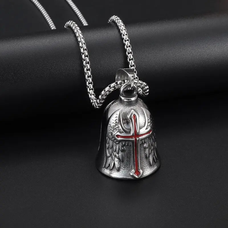 Red Cross Silver-Plated Wings Motorcycle Bell Pendant Necklace - MERGE.DAY.1.FREESTYLE