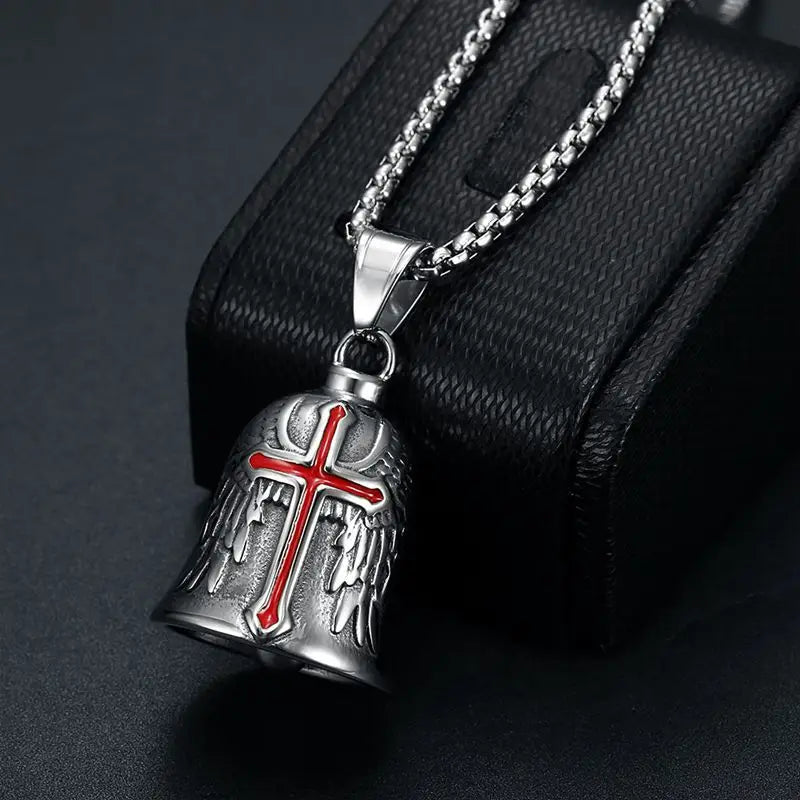 Red Cross Silver-Plated Wings Motorcycle Bell Pendant Necklace - MERGE.DAY.1.FREESTYLE