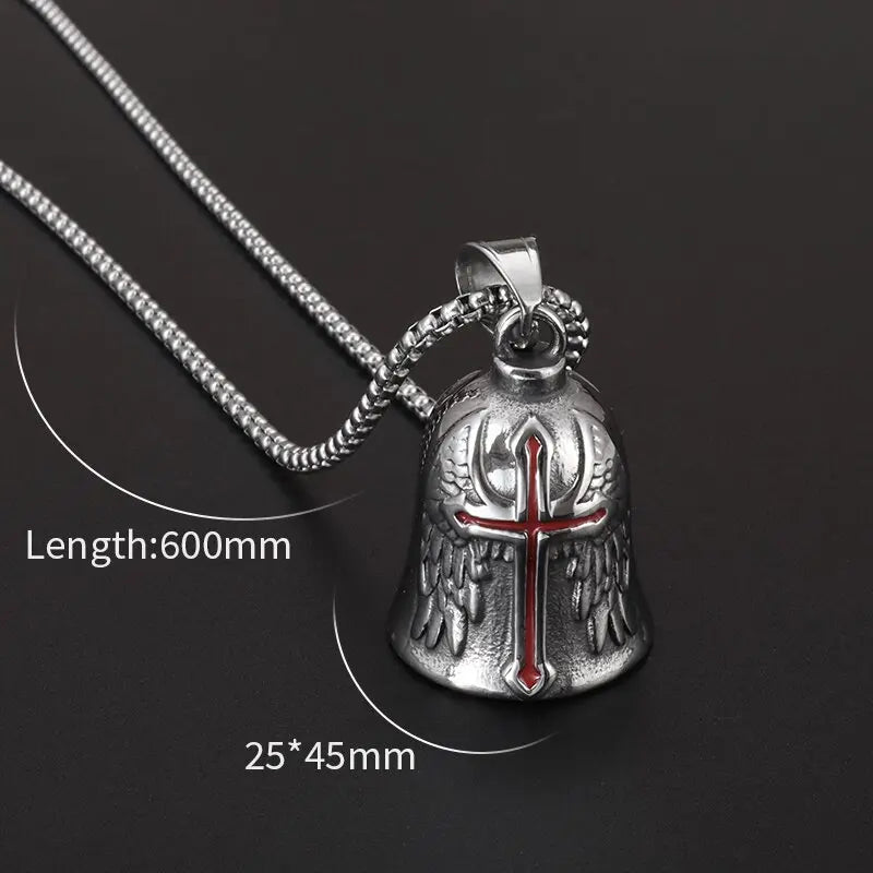 Red Cross Silver-Plated Wings Motorcycle Bell Pendant Necklace - MERGE.DAY.1.FREESTYLE