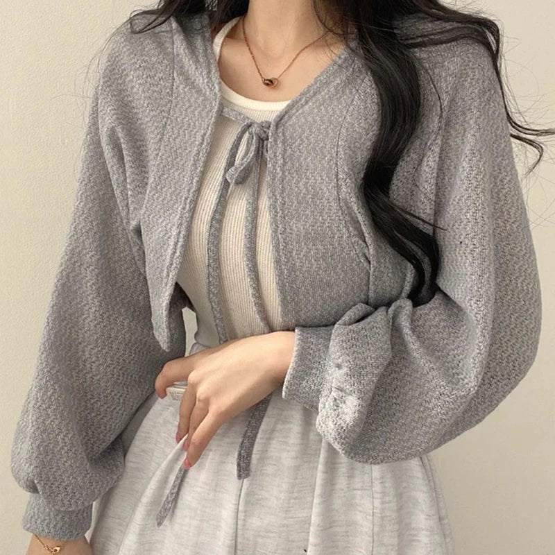 Retro Short Knitted Smock Tie Lantern Sleeve Short - MERGE.DAY.1.FREESTYLE