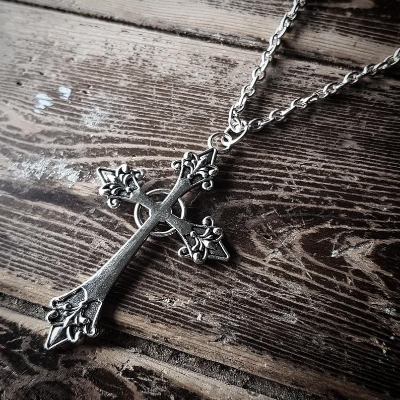Large Detailed Cross Drill Pendant Necklace Silver Color Tone Gothic Punk Jewellery - MERGE.DAY.1.FREESTYLE